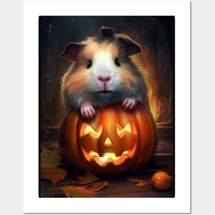 Cute Halloween Guinea Pig With Pumpkin Funny Halloween Gifts For Guinea Pigs Lover Posters and Art